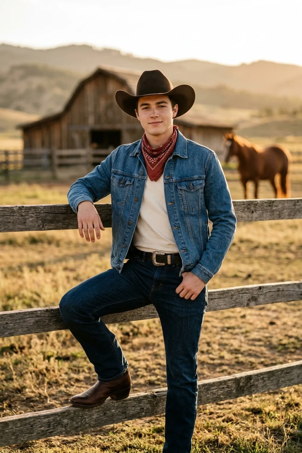 A full-body classic cowboy portrait of a young man on a horse farm at golden hour
