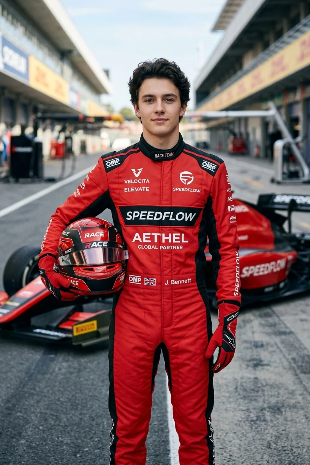 A cool Formula 1 racer portrait of a young man holding his helmet in the pit lane