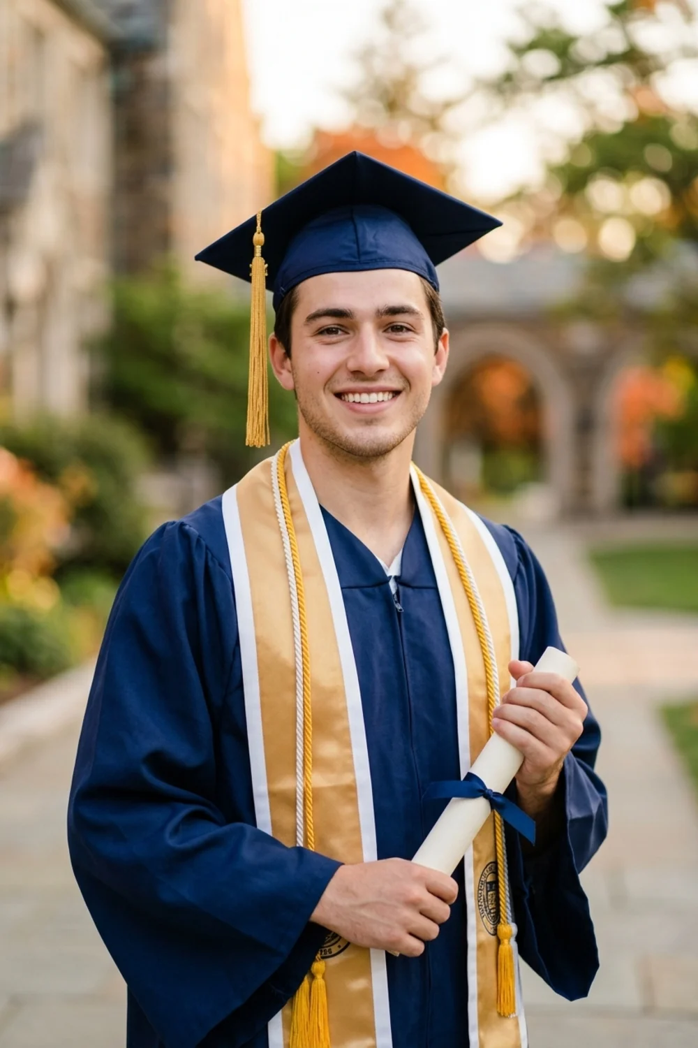 A proud graduation portrait of a young man in a cap and gown holding a diploma