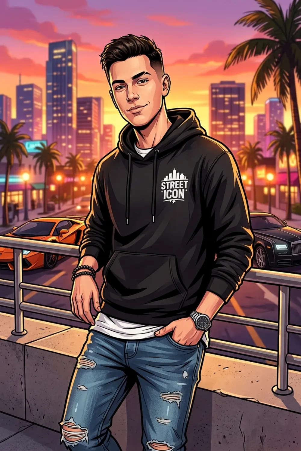 A bold GTA-style illustrated portrait of a young man in cel-shaded cover art