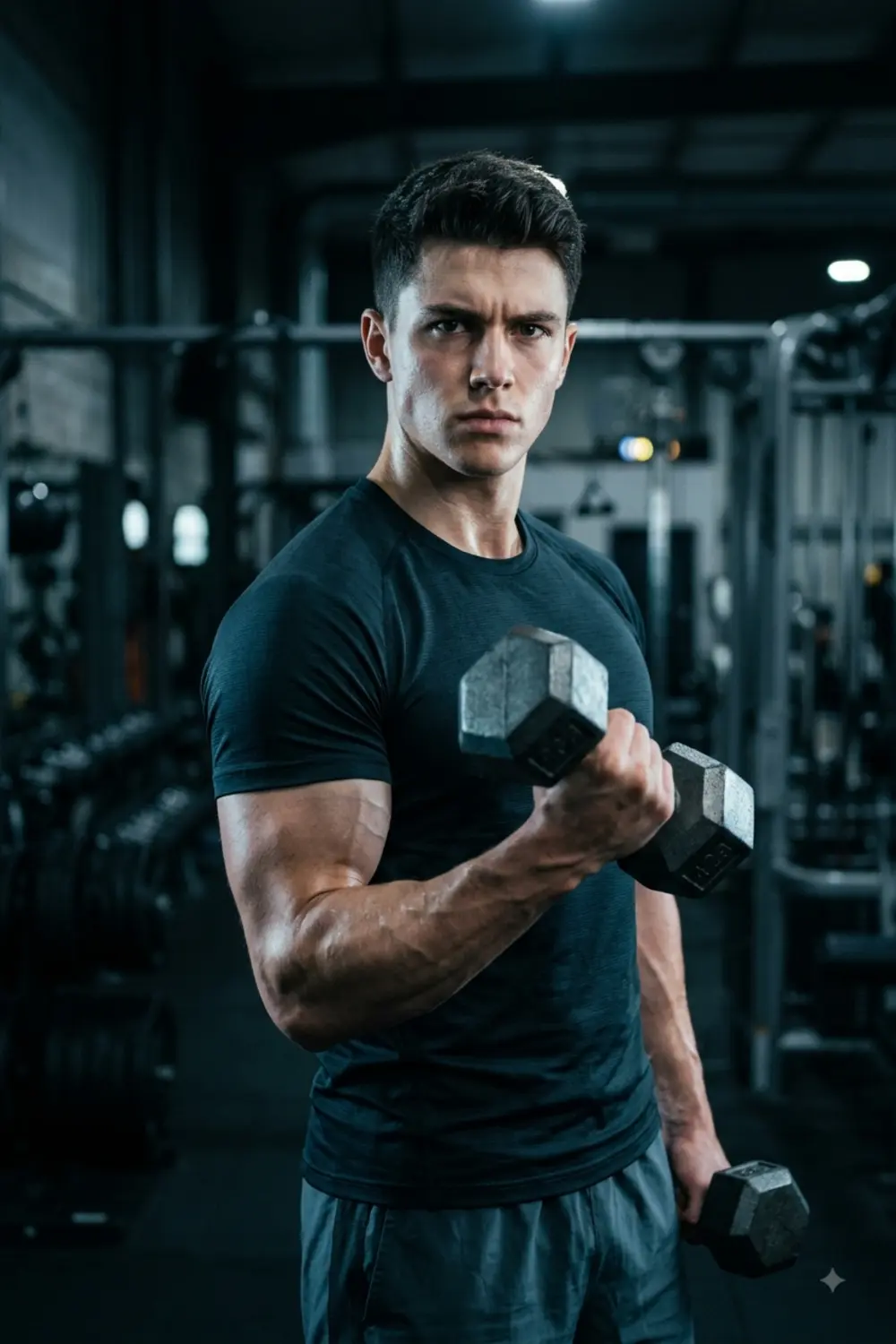 A strong gym fitness half-body portrait of a young man in athletic wear