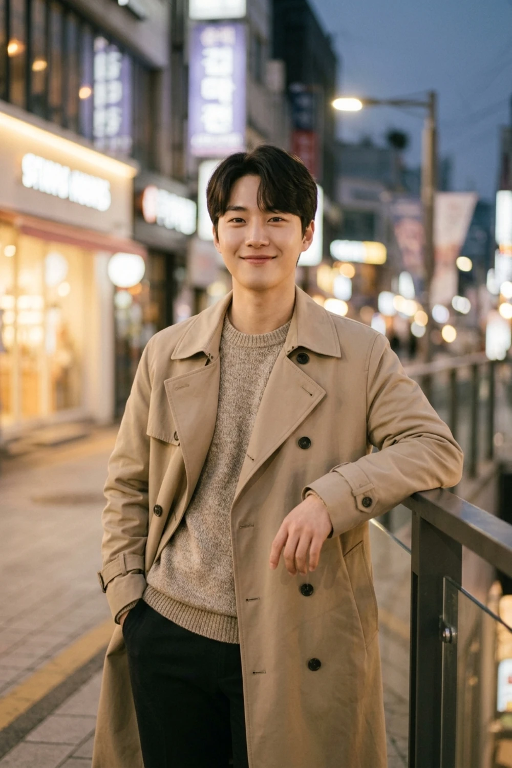 A soft, handsome Korean drama lead portrait of a young man in a trench coat on a city street at dusk