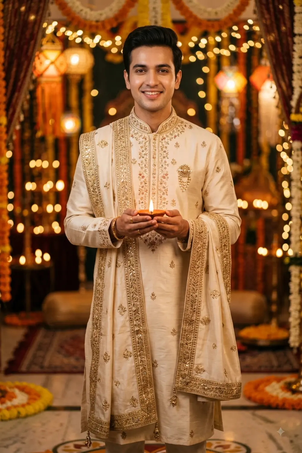 An elegant traditional portrait of a young man in an embroidered kurta with a diya