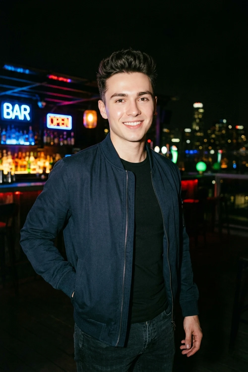 A candid direct-flash night-out party portrait of a young man at a neon-lit bar