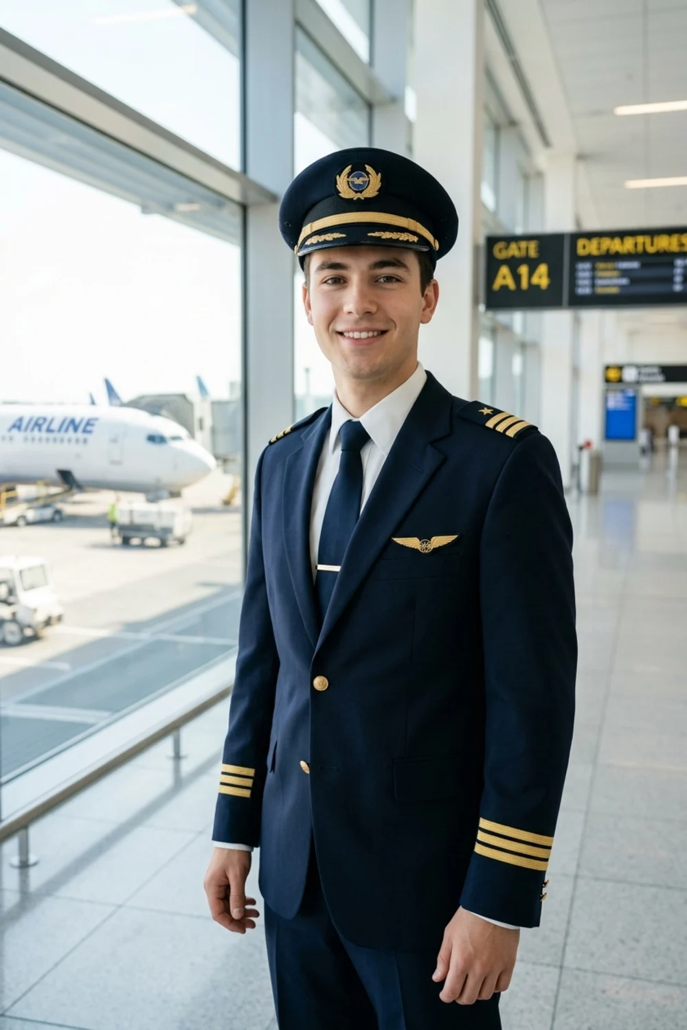 A confident pilot portrait of a young man in uniform inside a bright airport terminal