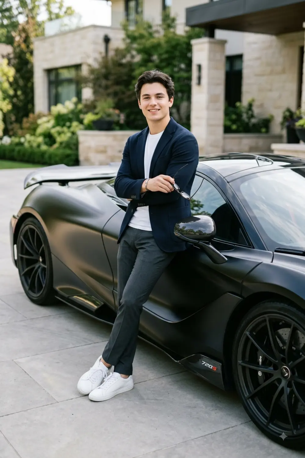 A high-end portrait of a young man leaning against a sleek luxury sports car