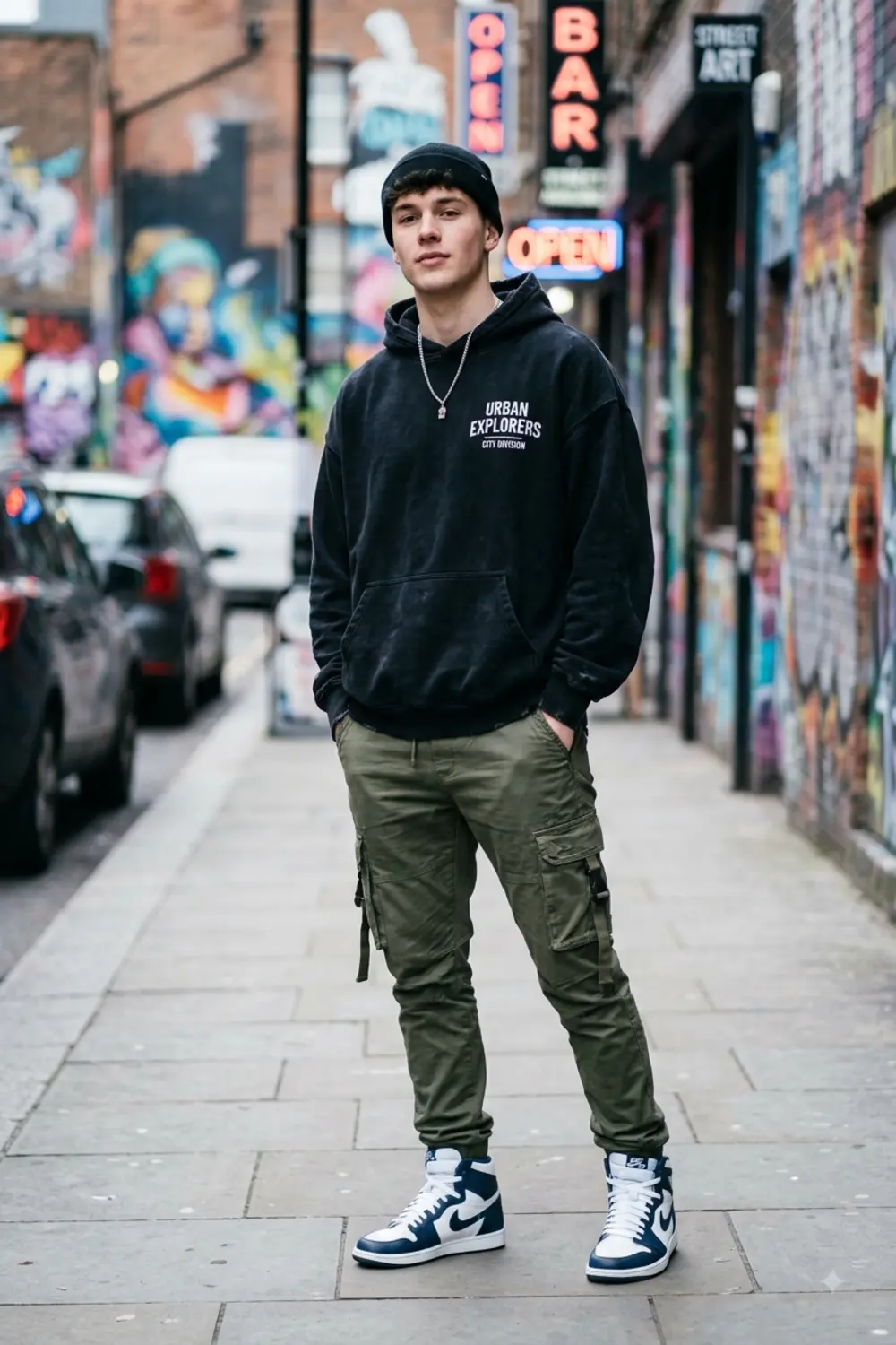 A trendy full-length streetwear fashion portrait of a young man on a city street