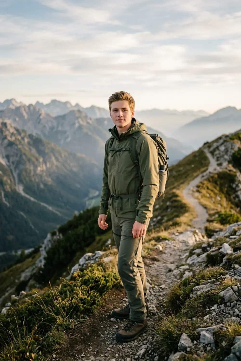 An adventurous mountain traveler portrait of a young man on a scenic clifftop at golden hour
