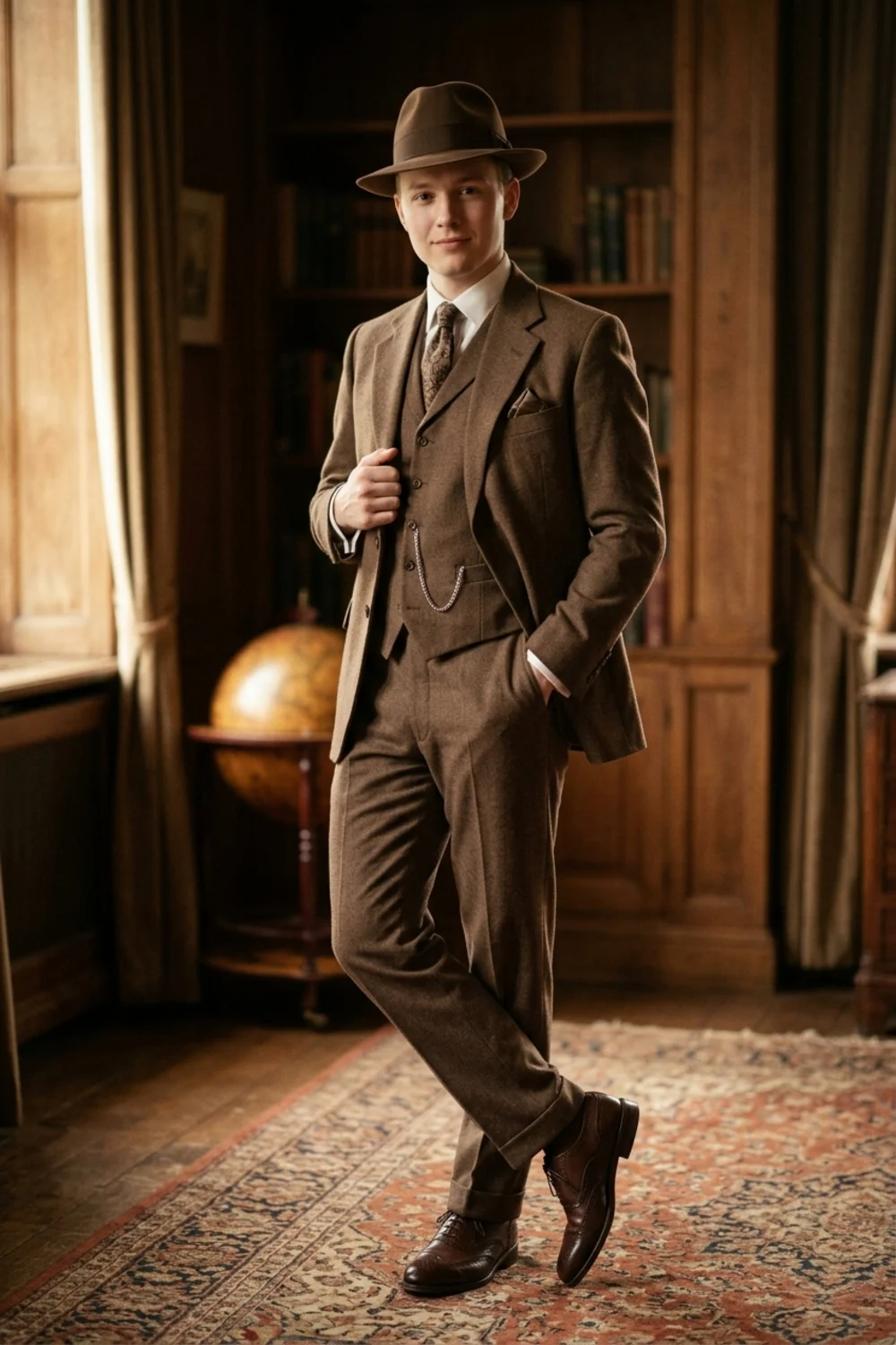 A full-body dapper vintage gentleman in a classic three-piece suit and fedora