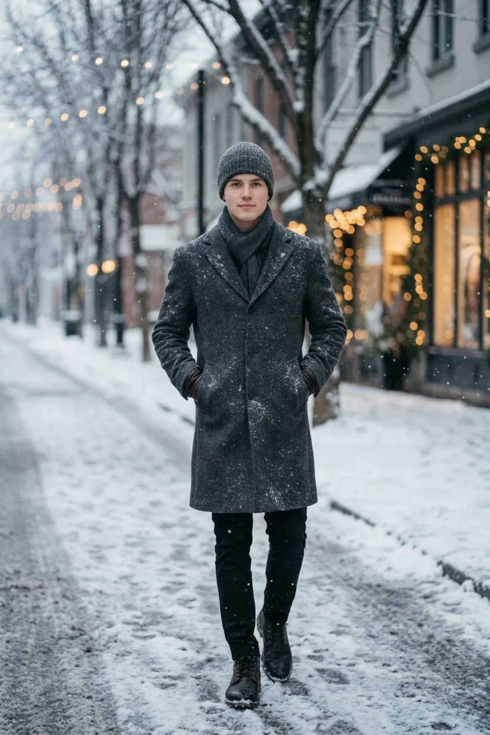 A moody winter portrait of a young man in a wool coat with soft falling snow