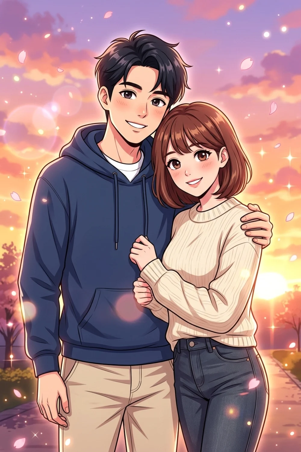 A vibrant anime-style illustration of a couple in a soft romantic sunset scene