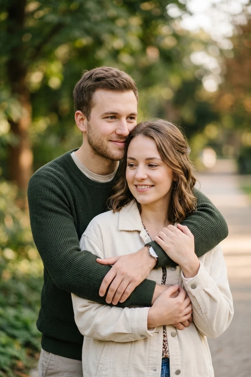 A candid photo of one person hugging the other warmly from behind outdoors