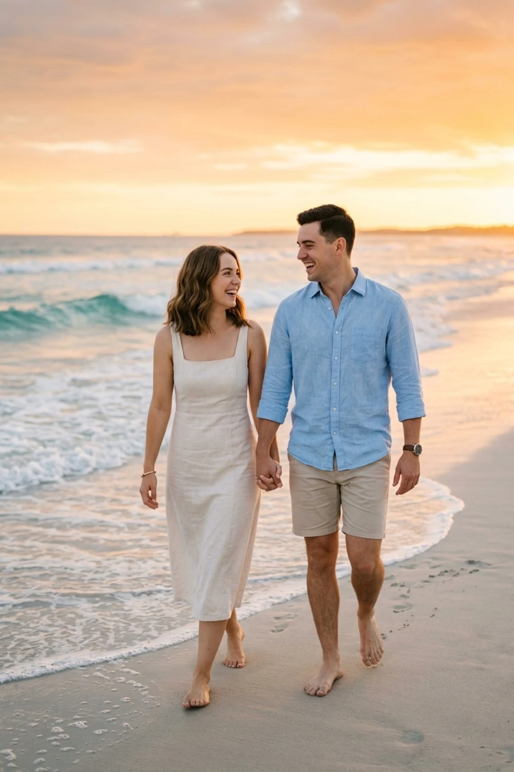 A couple walking hand in hand along a golden beach at sunset