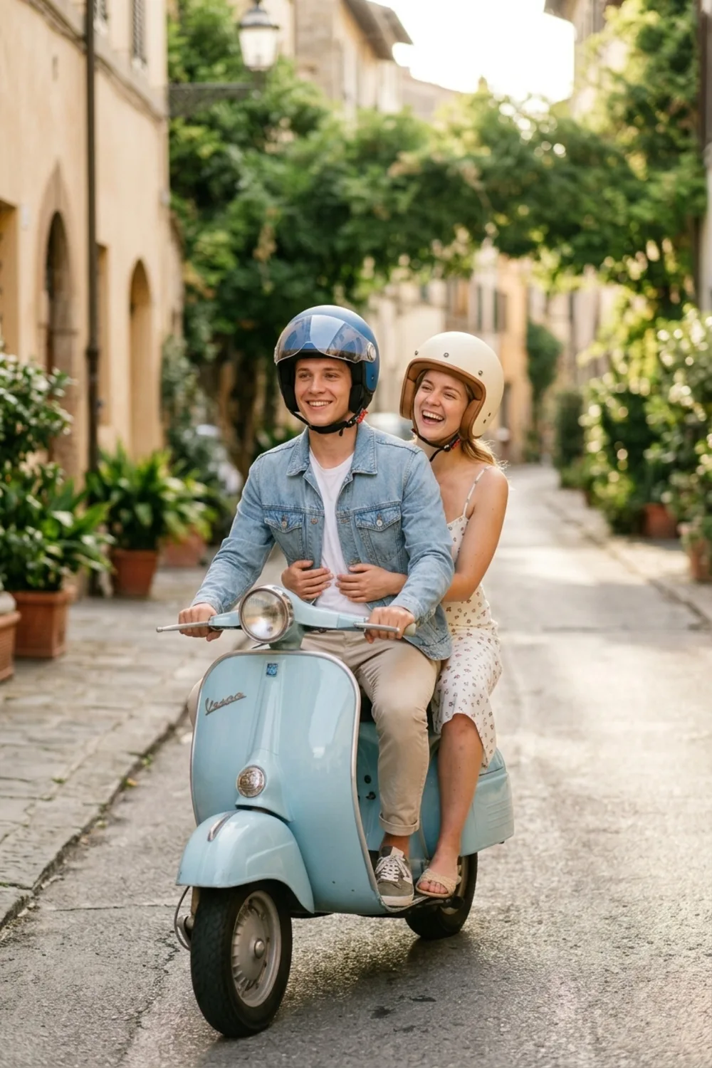 A couple riding a pastel scooter together down a sunny street, laughing