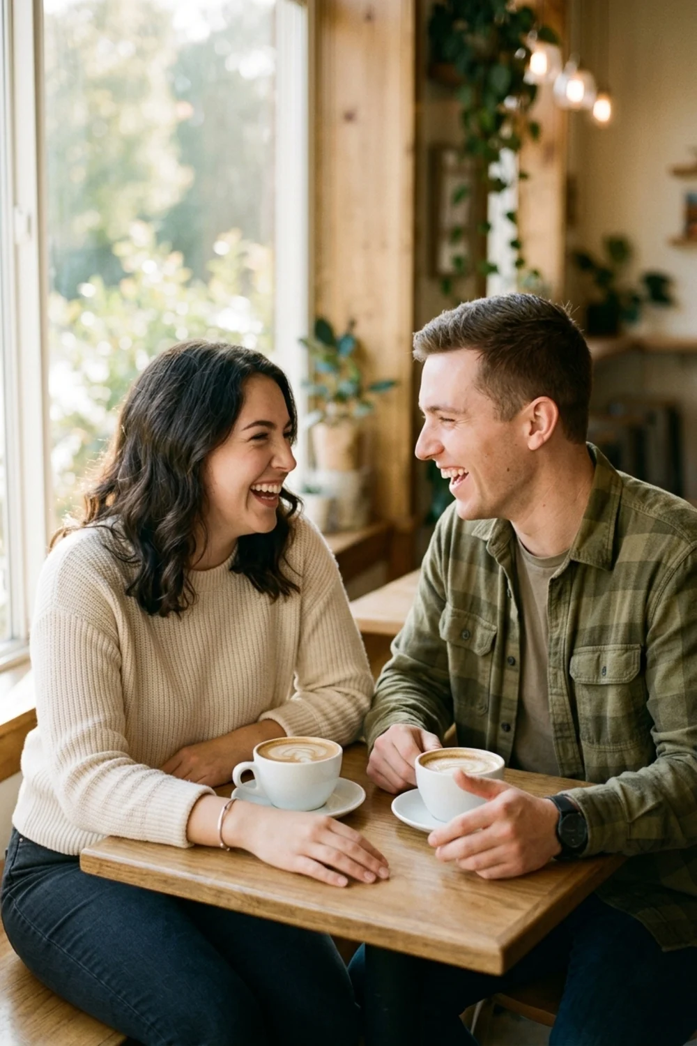 A candid couple laughing together over coffee at a sunlit cafe table