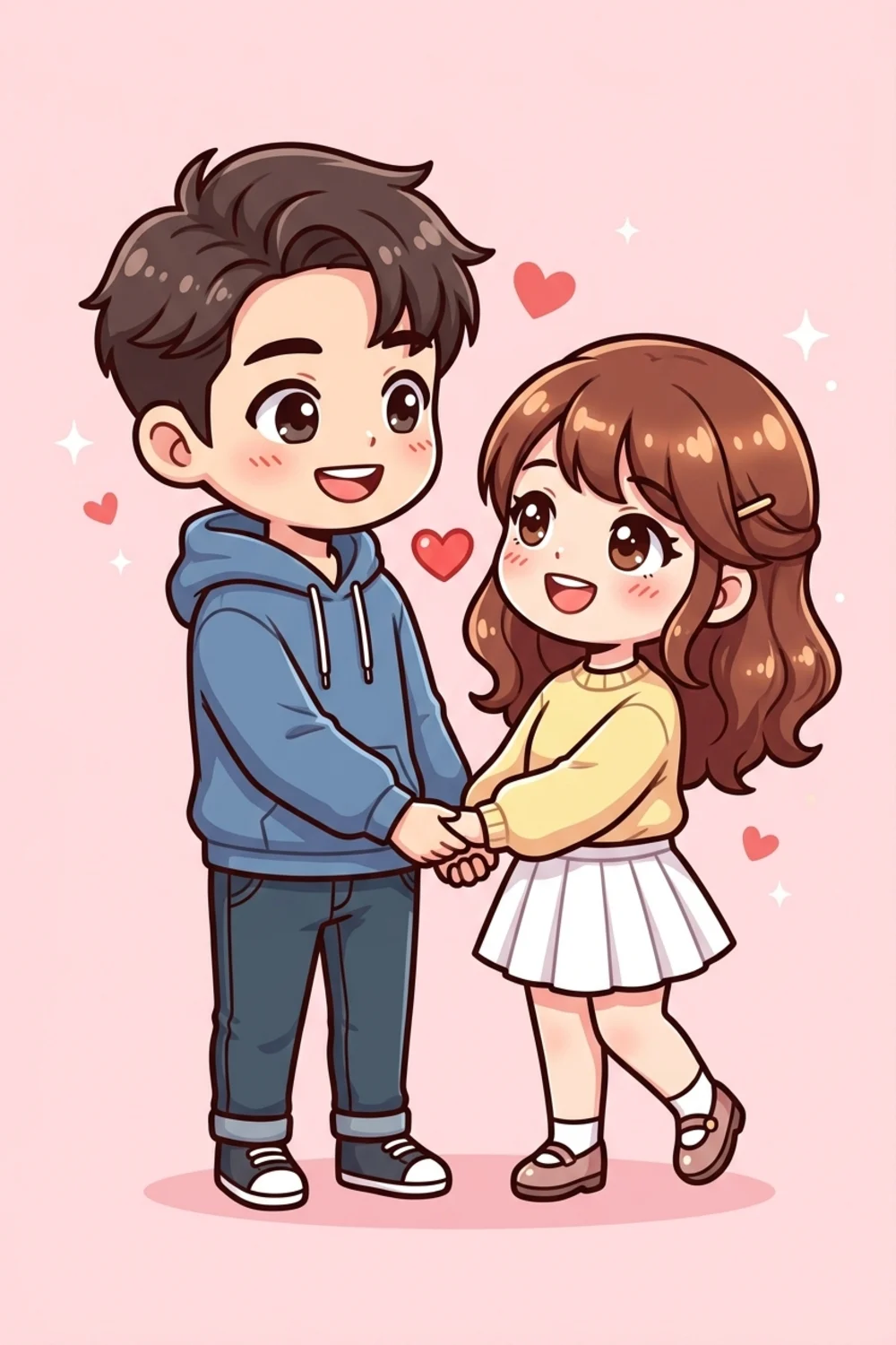 An adorable chibi couple illustration of two cute characters sharing a sweet pose