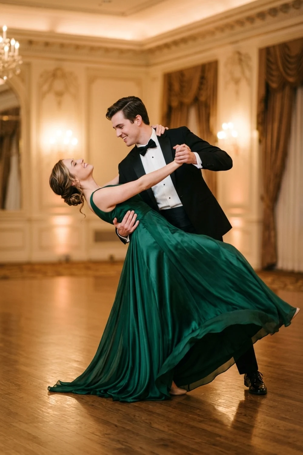 An elegant couple mid-dance in a graceful romantic dip in a ballroom