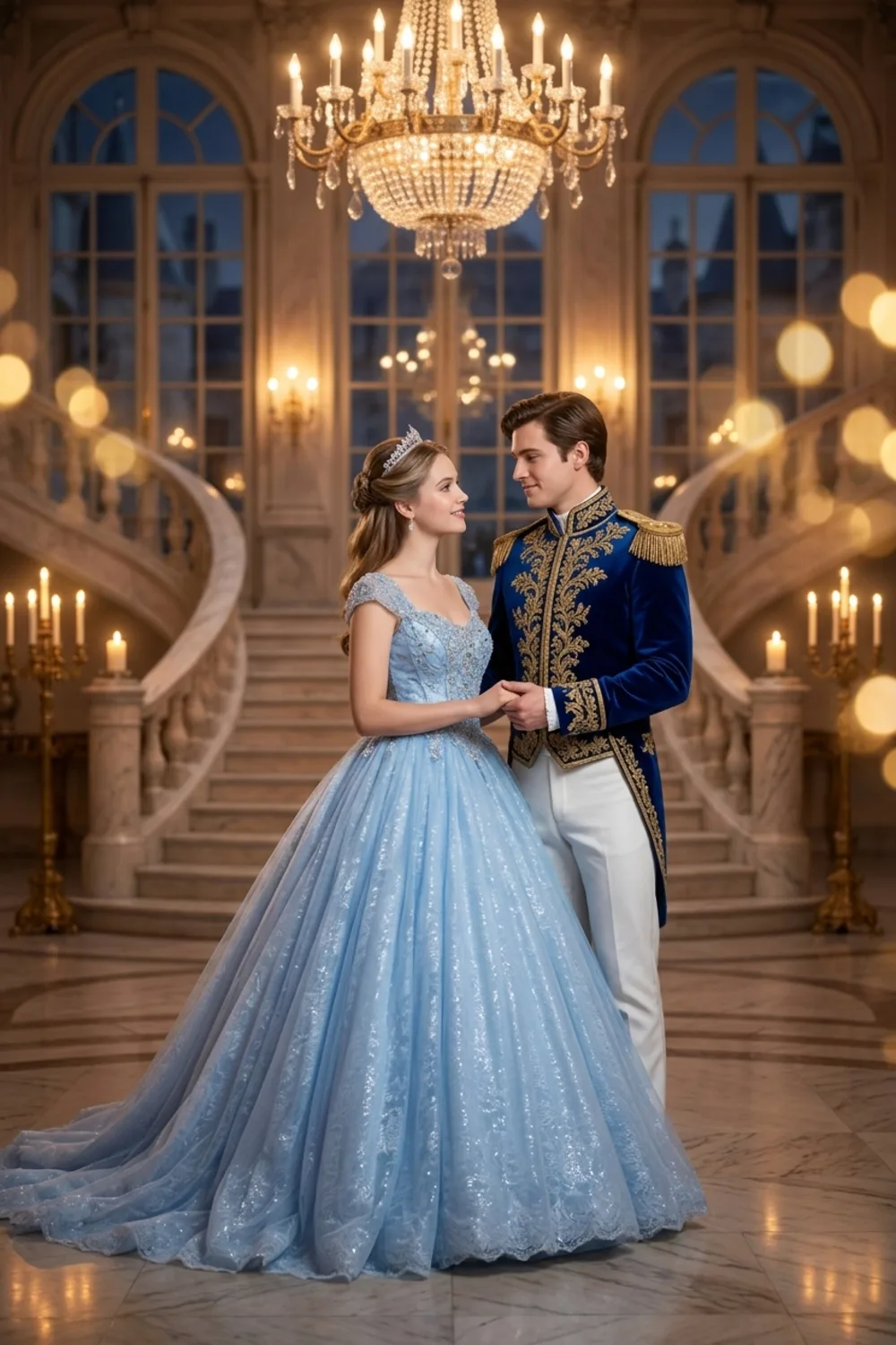 A magical fairytale couple portrait as a prince and princess in a castle ballroom