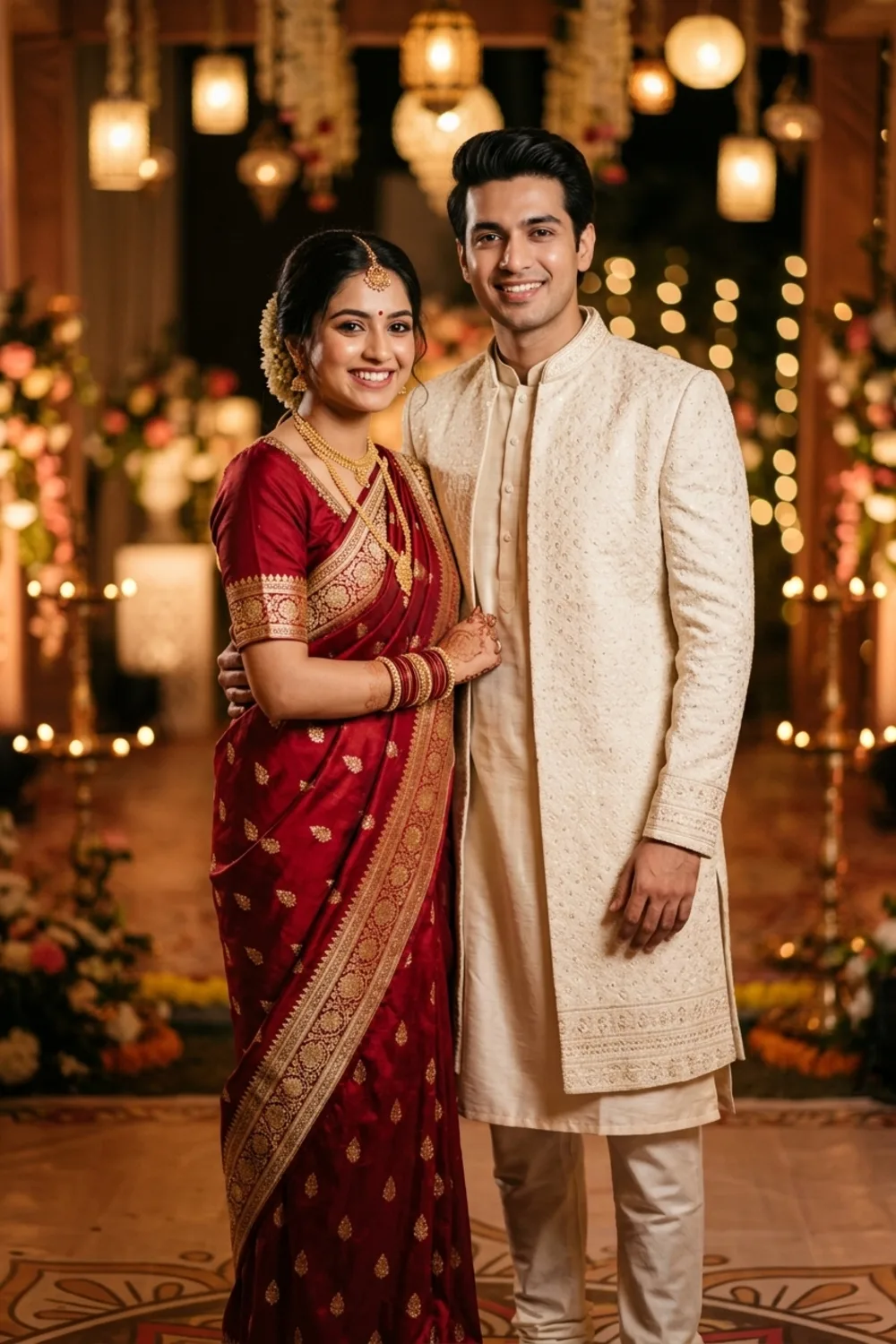 An elegant traditional couple portrait in a saree and sherwani among festive lights