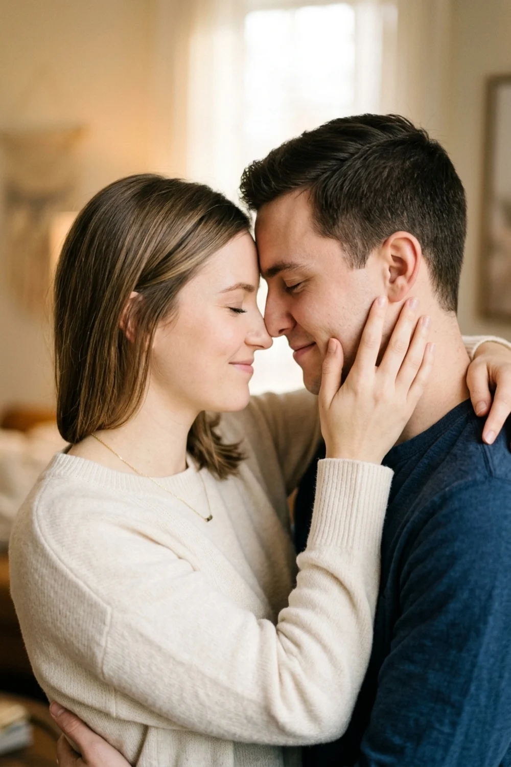 A tender close-up of a couple gently touching foreheads with soft smiles