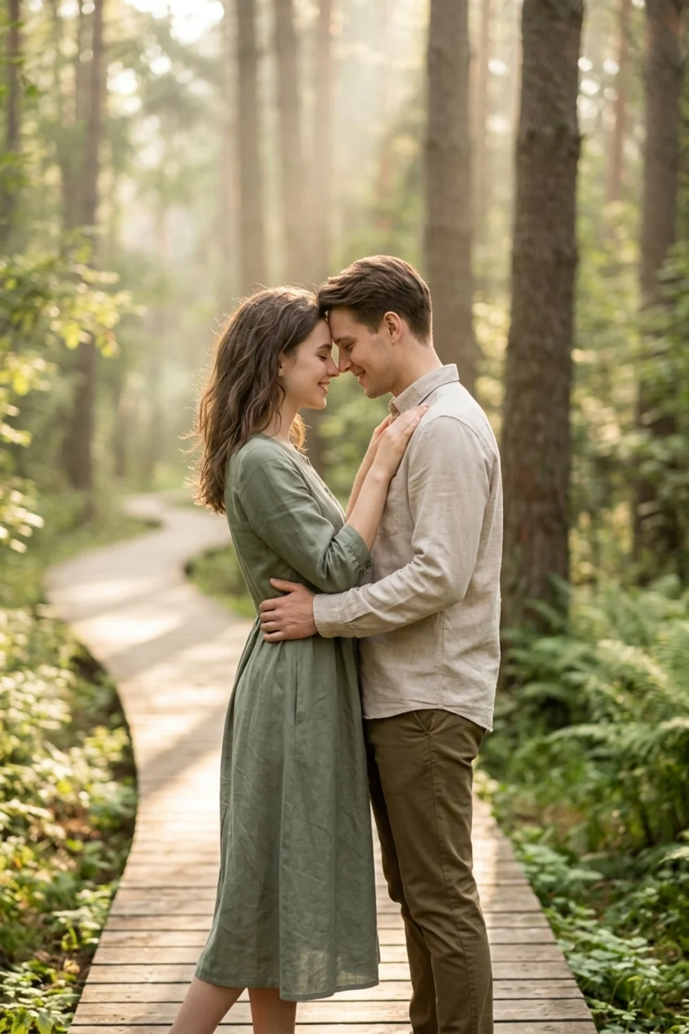 A dreamy couple sharing a tender moment on a sunlit wooden forest path