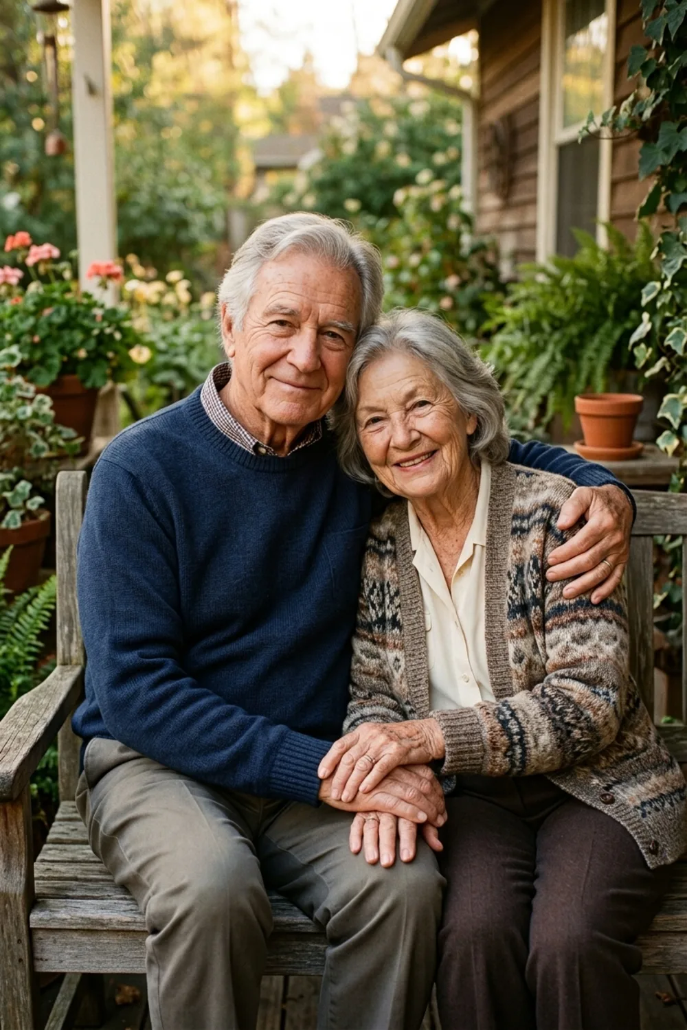 A heartwarming portrait of a couple aged into a happy elderly couple, smiling warmly