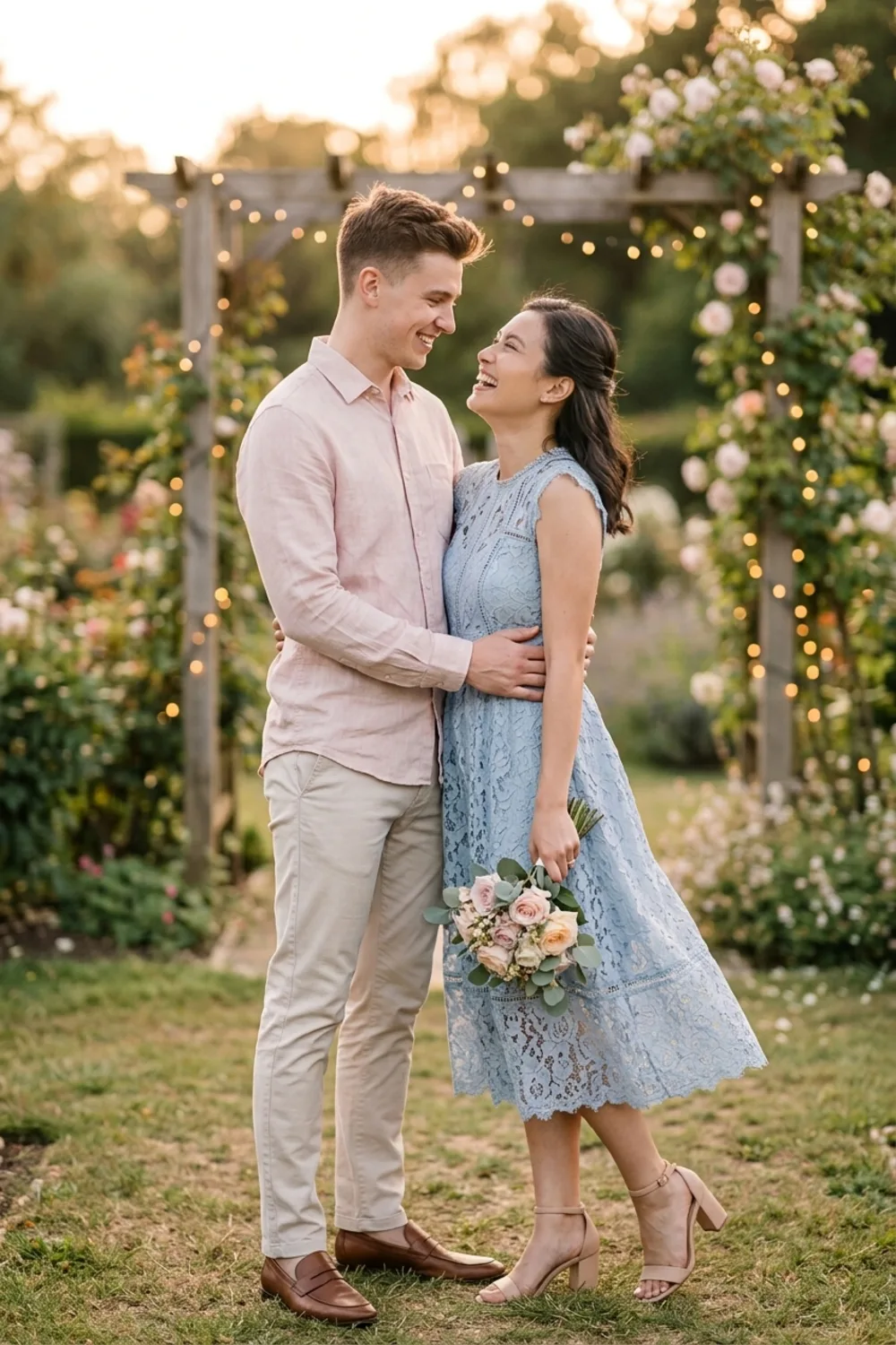 A romantic pre-wedding photoshoot of a couple in coordinated outfits at golden hour