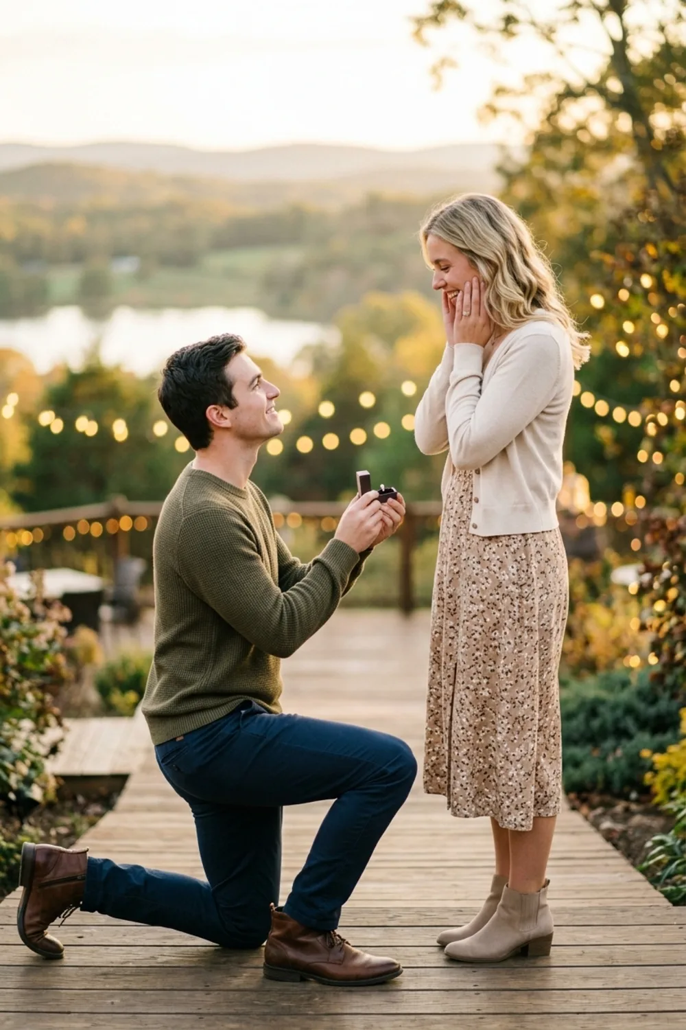 A romantic marriage proposal of one person on one knee offering a ring at golden hour