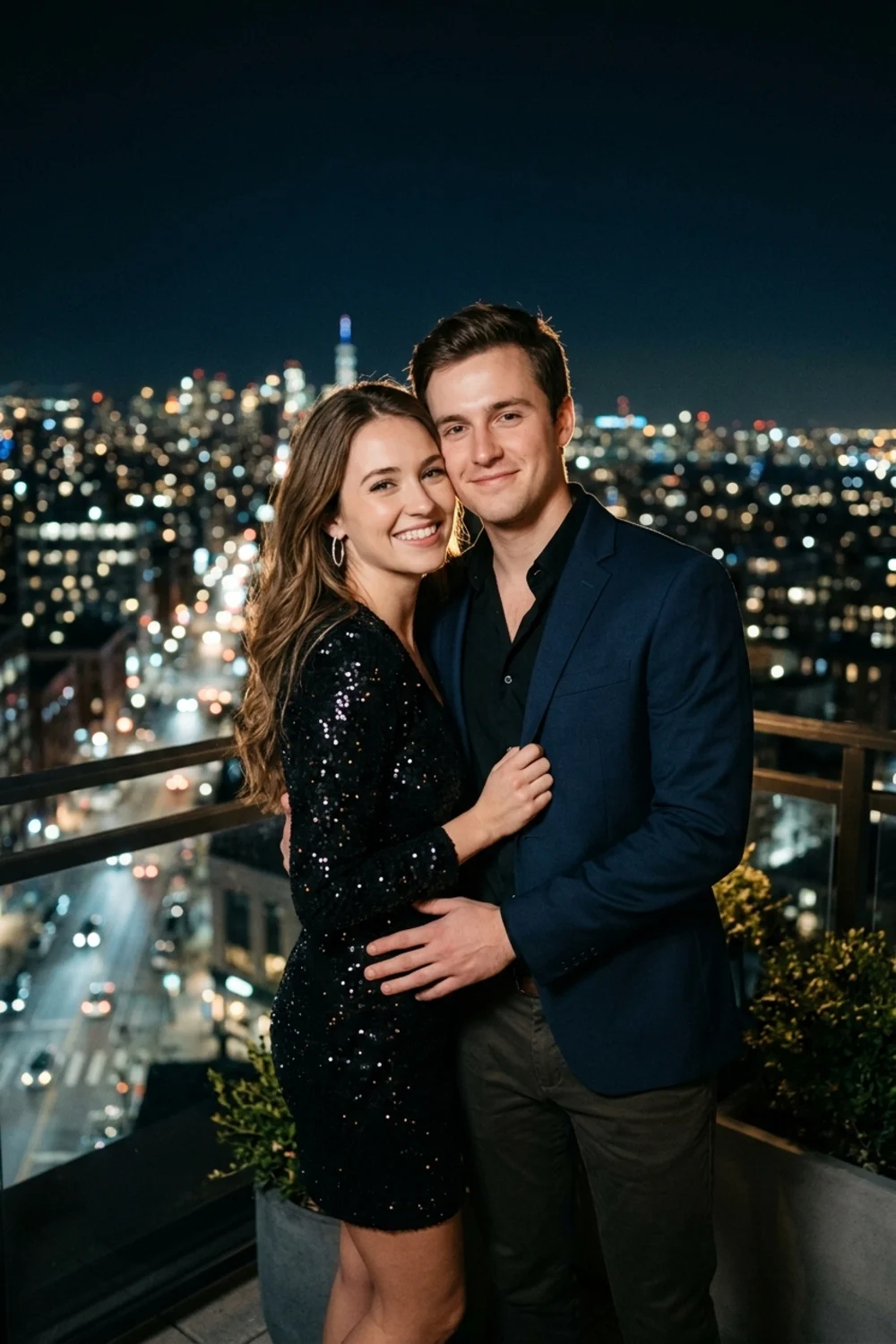 A couple close together on a city rooftop at night against a glowing skyline