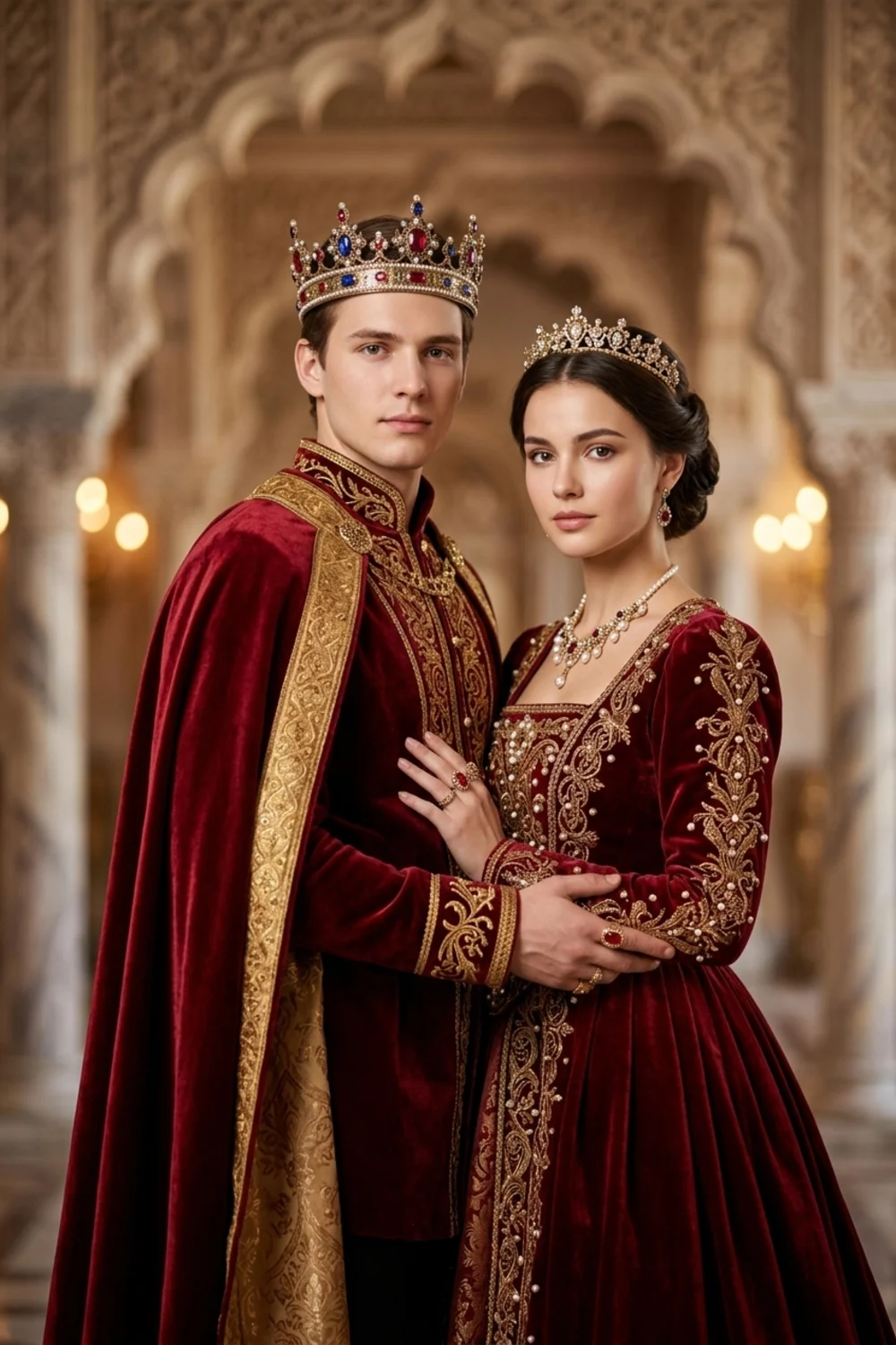 A majestic royal couple portrait as a king and queen in a grand palace interior