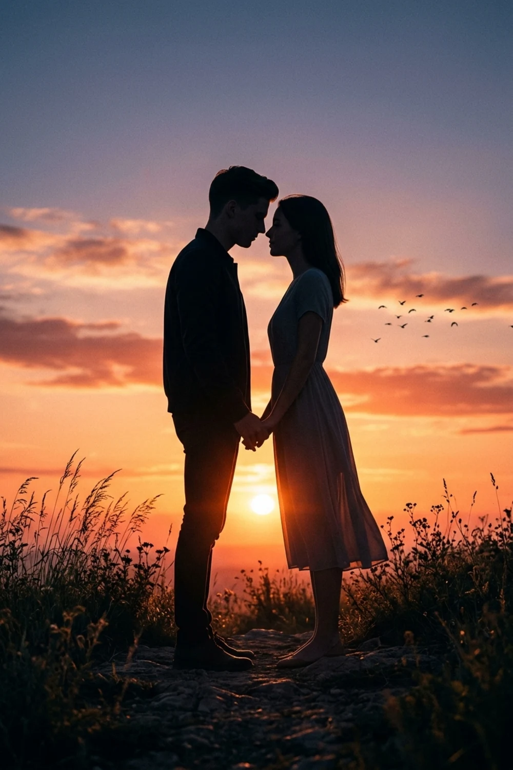 An artistic silhouette of a couple leaning together against a glowing sunset sky