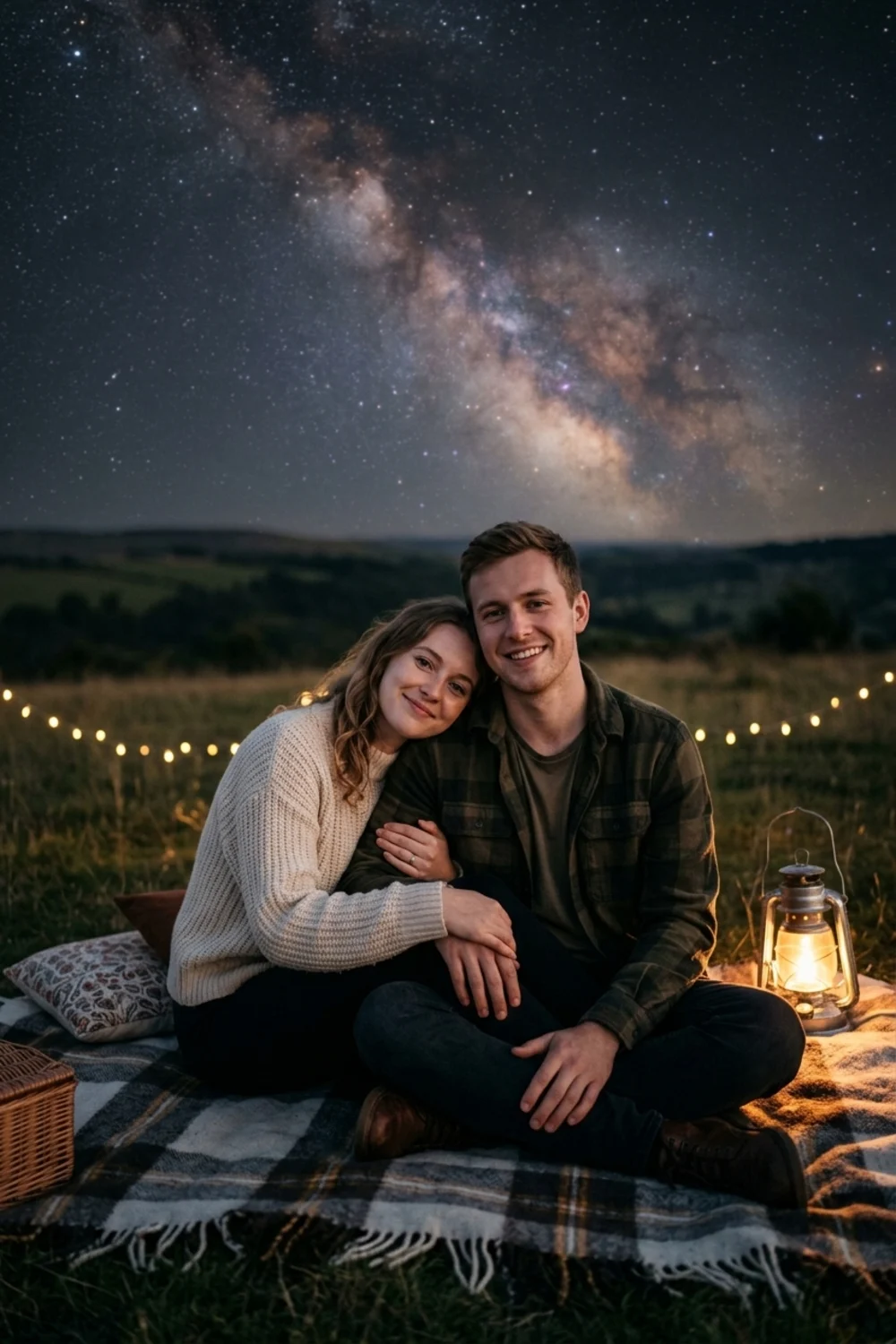 A couple cuddled on a cozy blanket under a starry night sky with warm lanterns