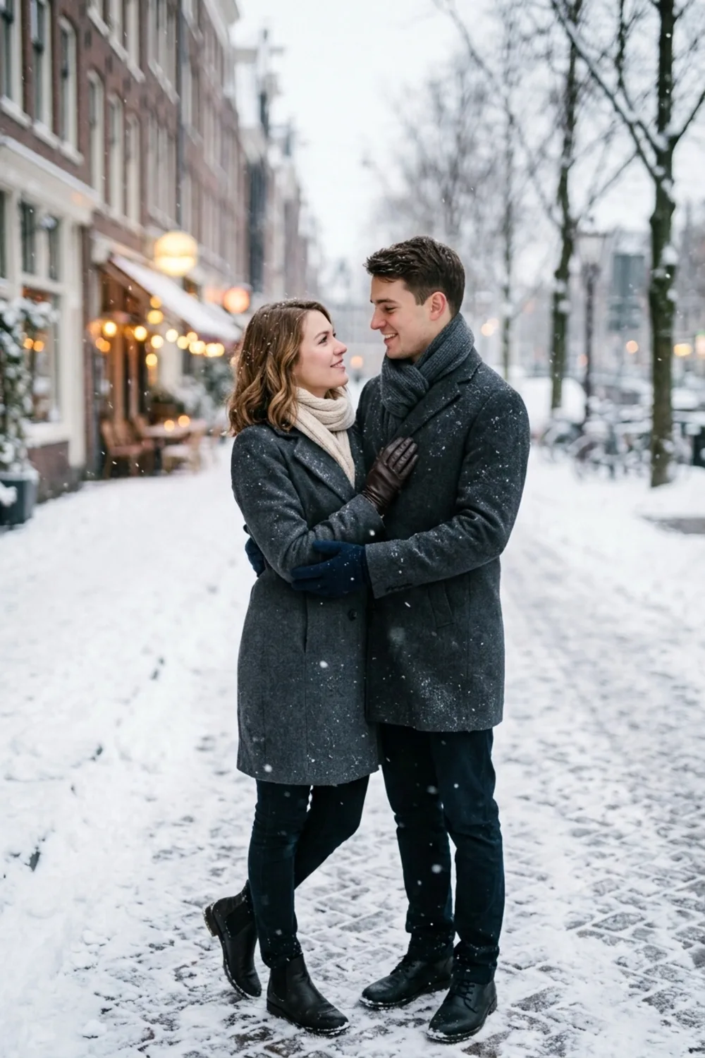A romantic couple close together in wool coats as soft snow falls on a snowy street