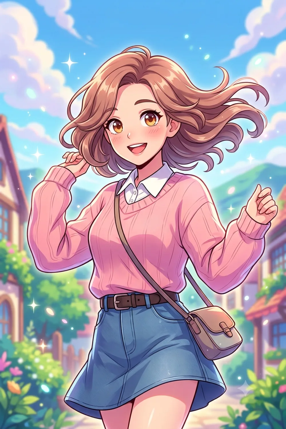 A vibrant waist-up anime-style illustration of a girl in a dynamic pose