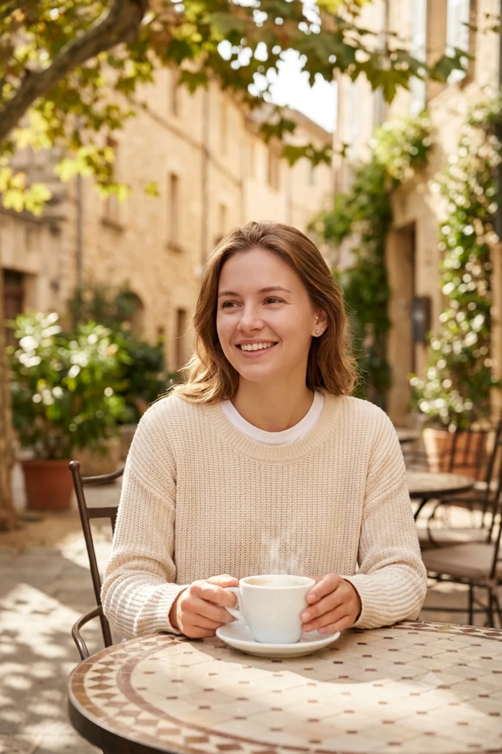 A warm outdoor cafe candid portrait of a girl at a tidy terrace table