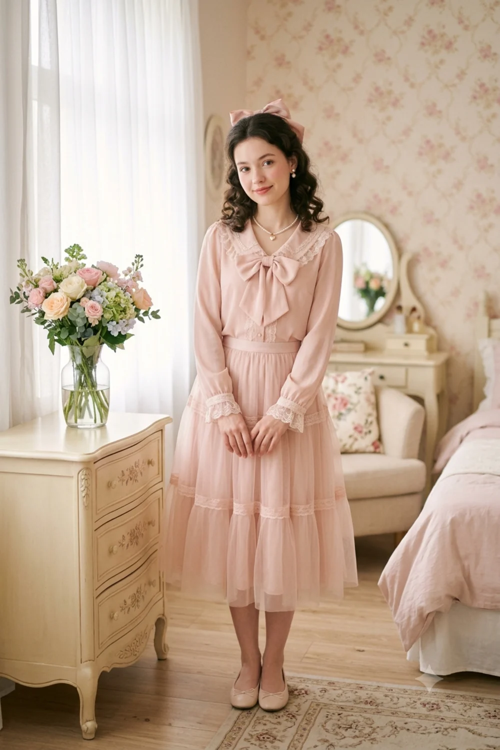 A soft coquette aesthetic portrait of a girl in a pastel outfit with bows and lace