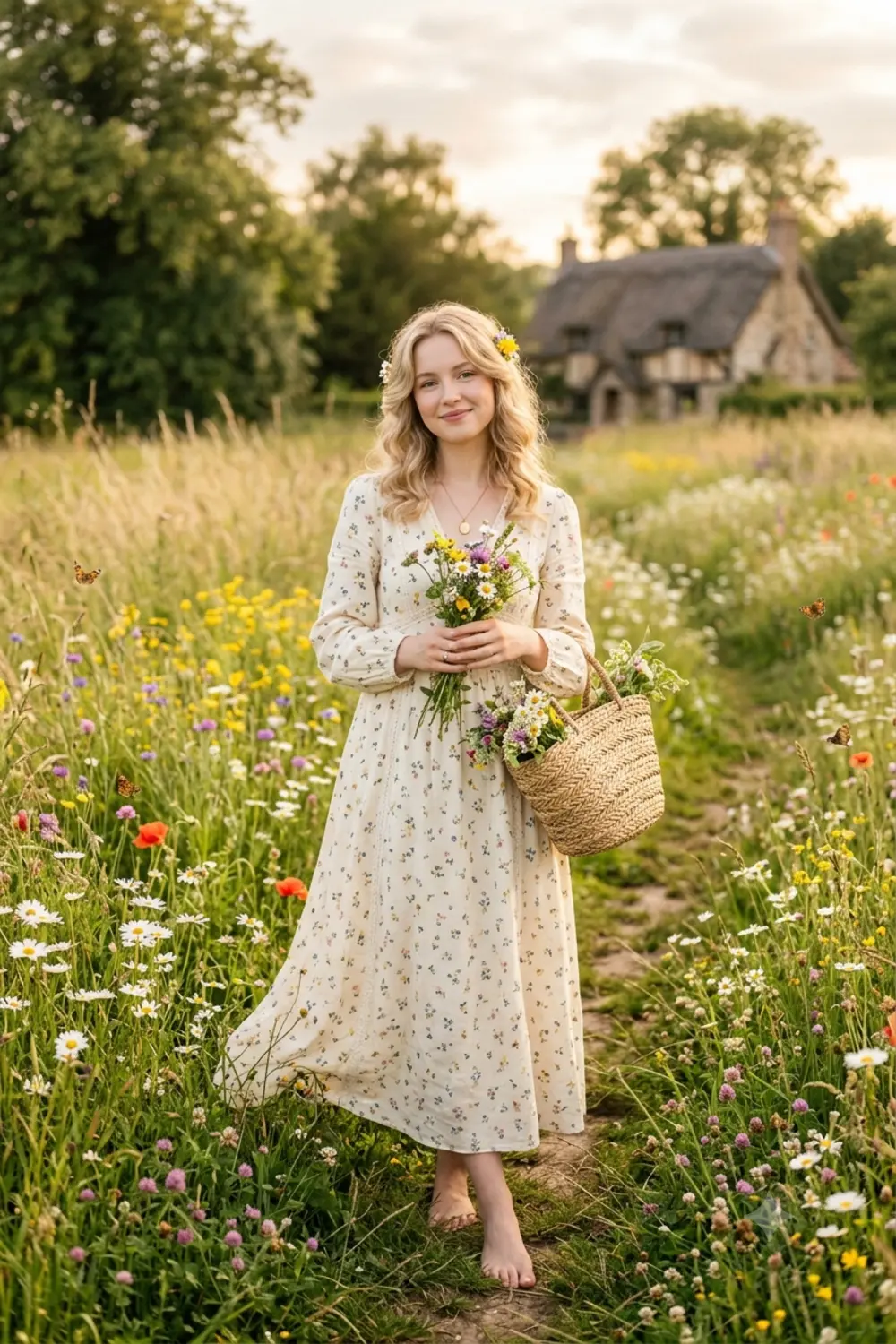 A soft cottagecore portrait of a girl in a floral dress in a sunlit wildflower meadow