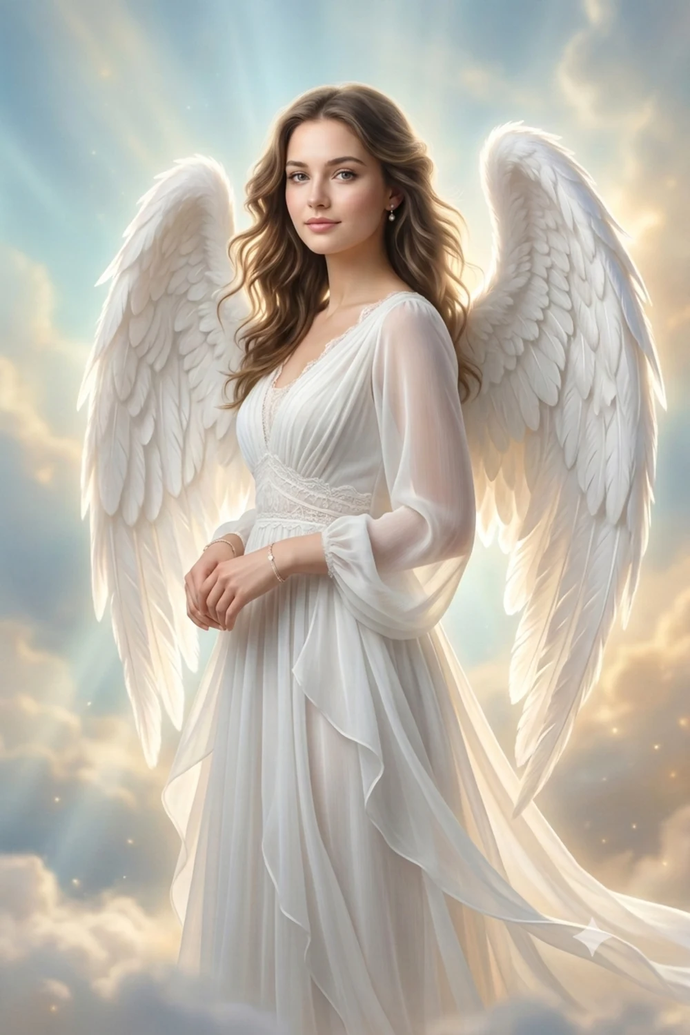 An ethereal angelic portrait of a girl with soft white angel wings in a flowing white gown