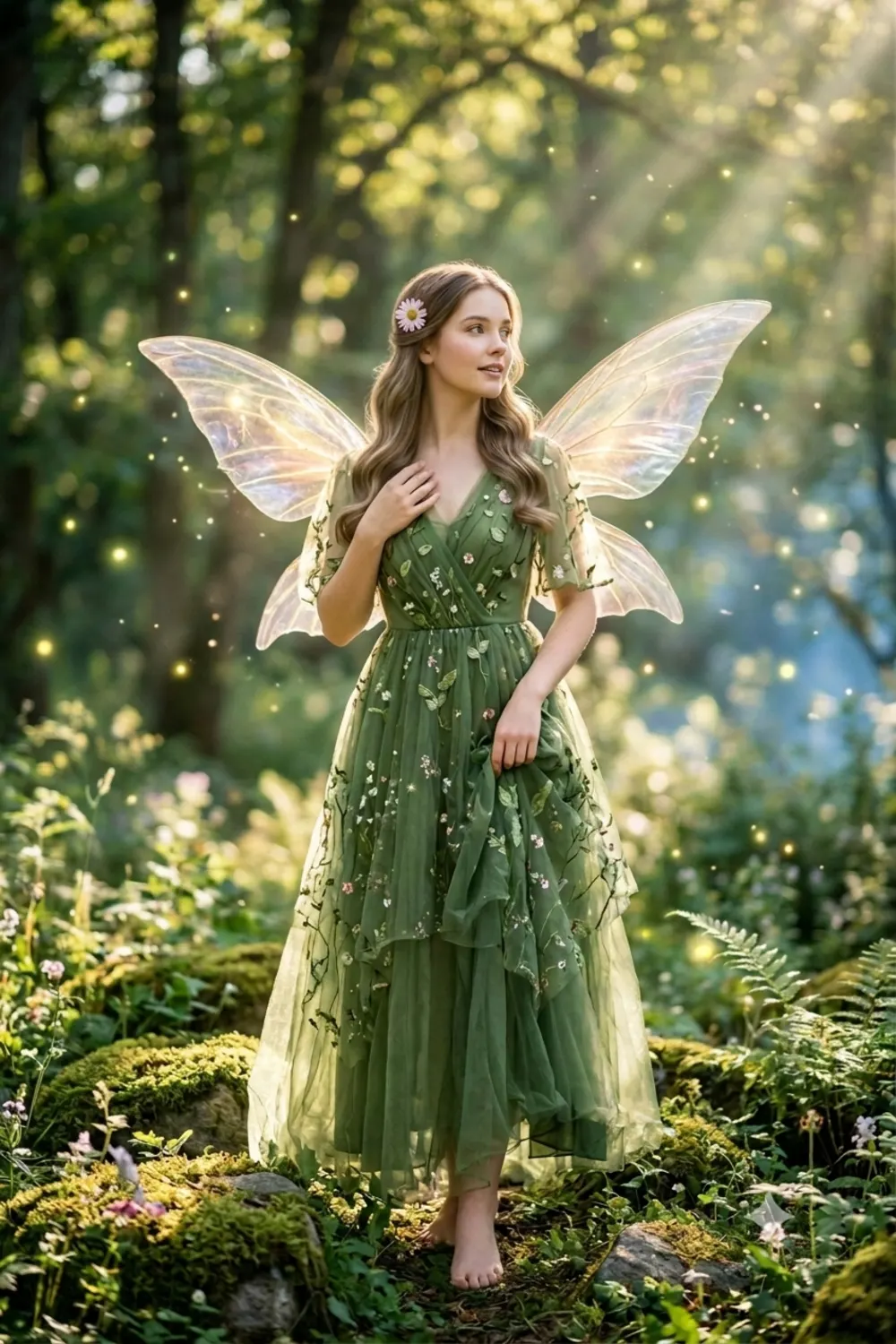 An enchanting full-length fairy fantasy portrait of a girl with glowing wings in a forest