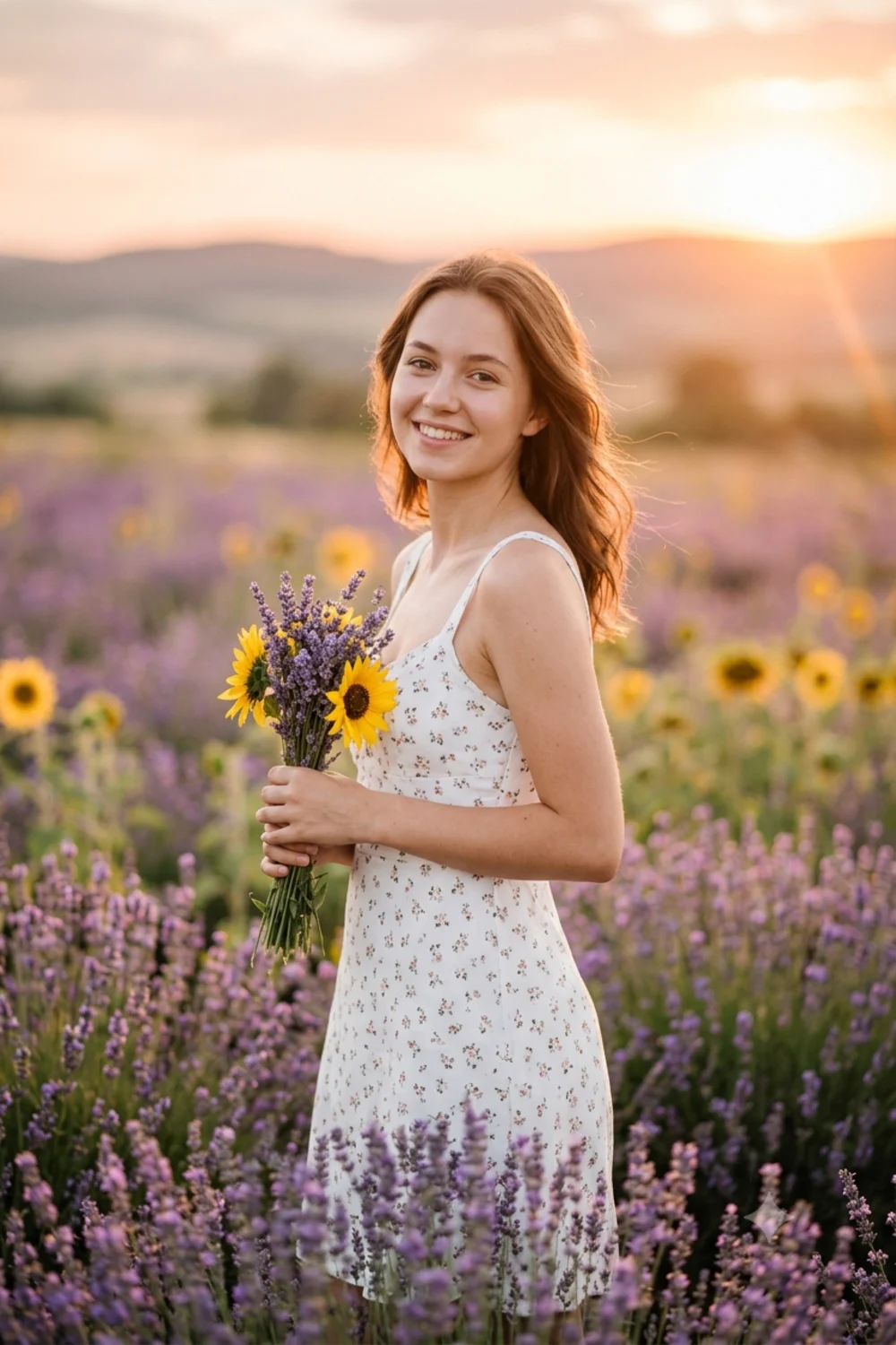 A soft full-length flower-field portrait of a girl among tall blooms in golden-hour light
