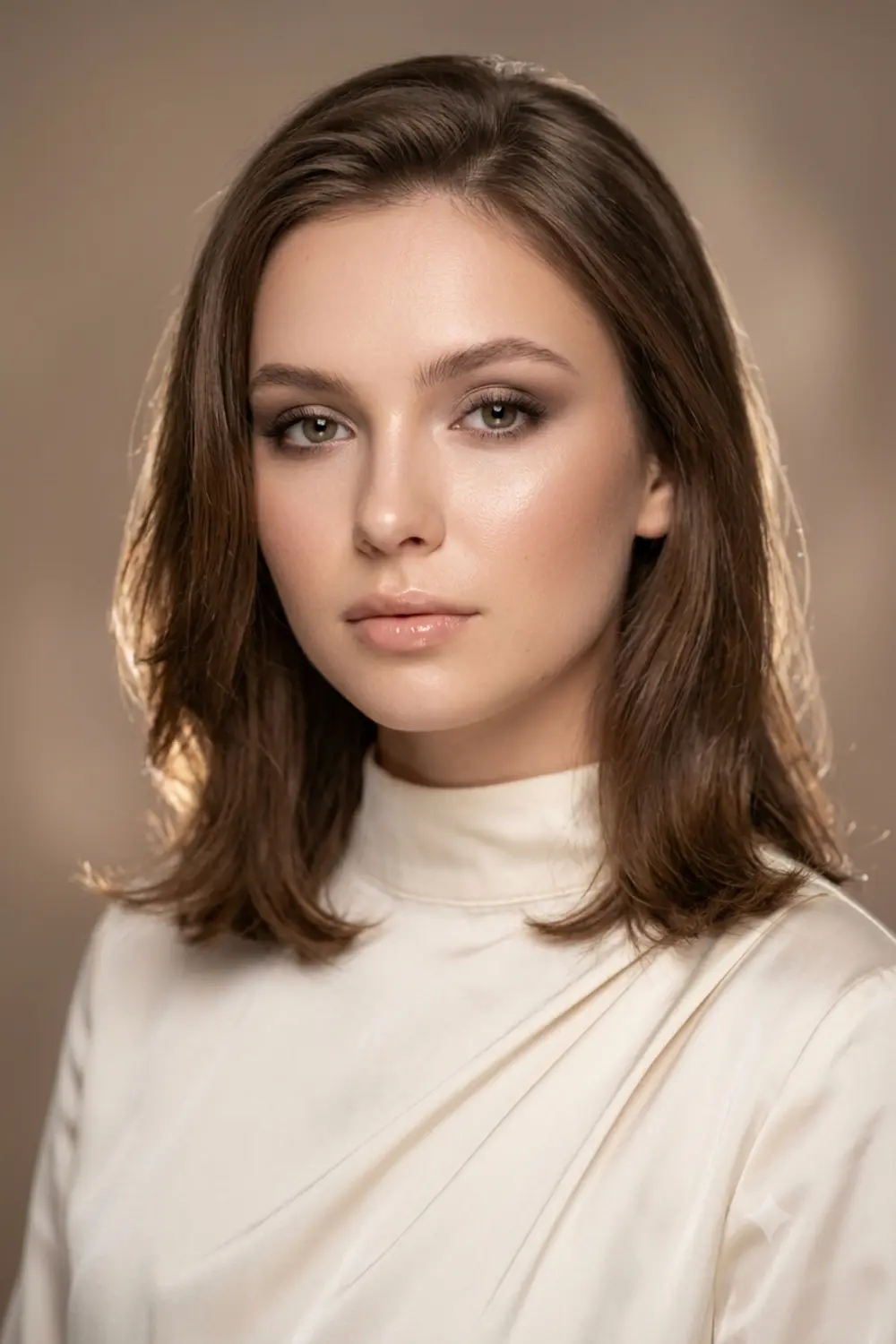 A polished glam beauty chest-up portrait of a girl with soft glowing skin