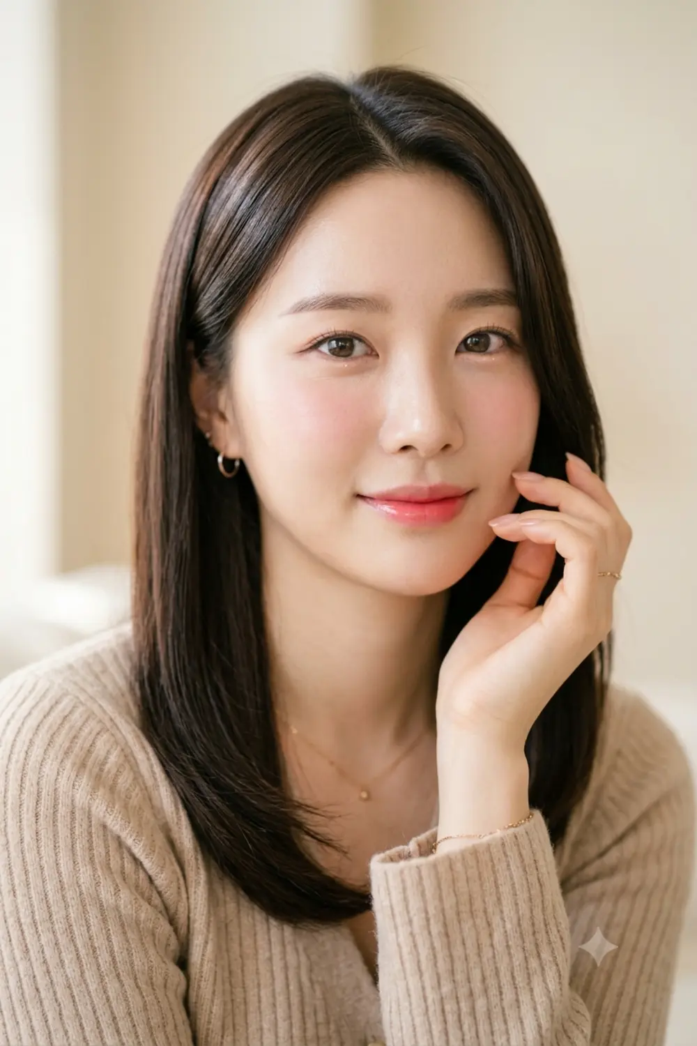 A fresh Korean soft glam chest-up portrait of a girl with dewy glass skin