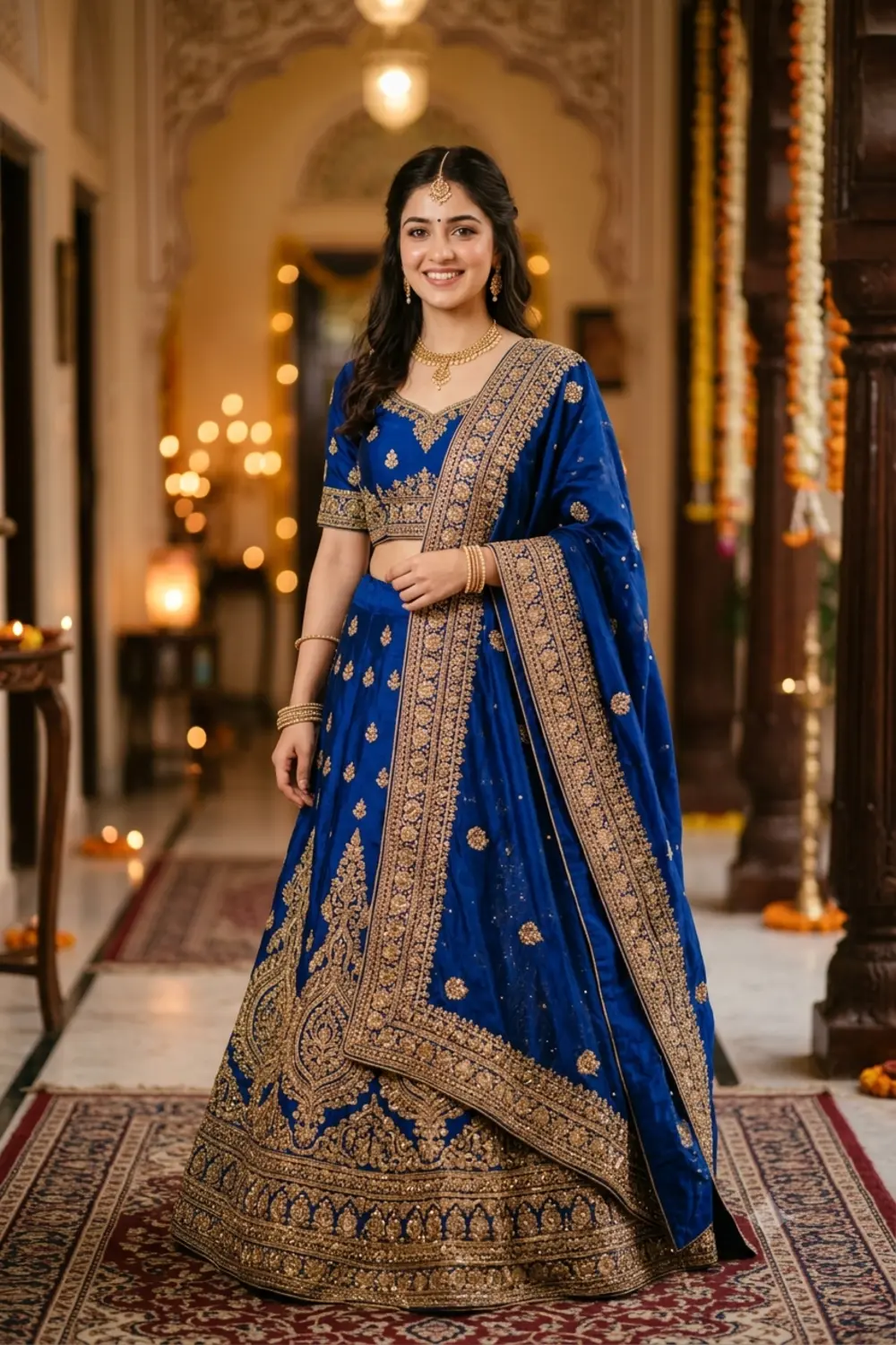 An elegant full-length traditional portrait of a young woman in an embroidered lehenga