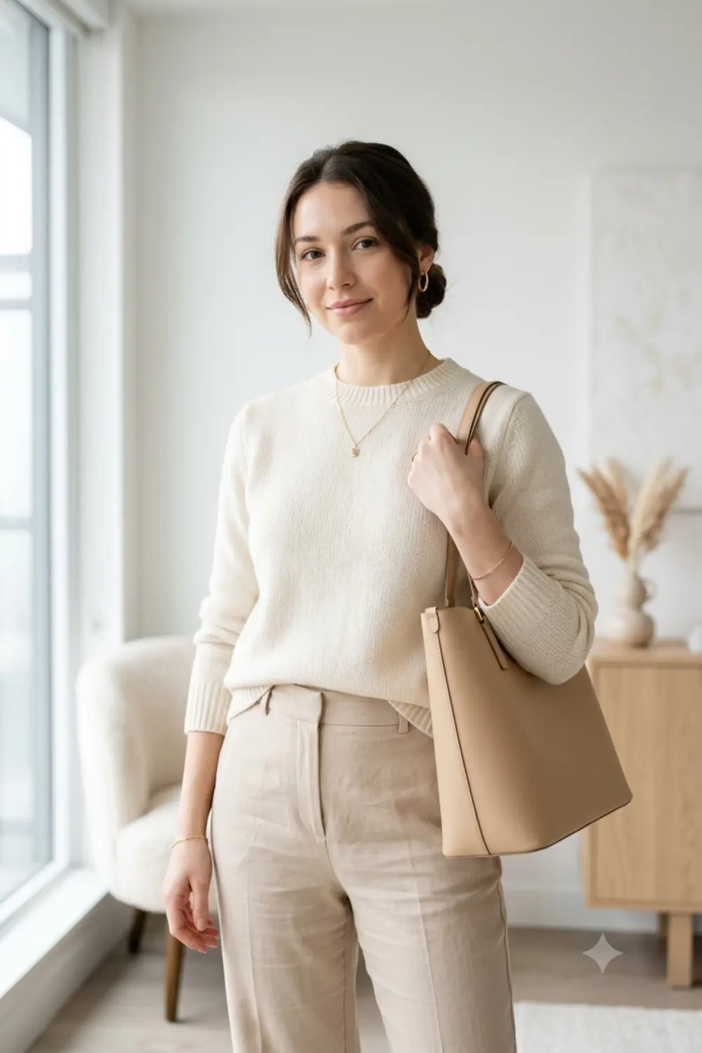 A stylish minimalist outfit-of-the-day half-body portrait of a girl in neutral tones