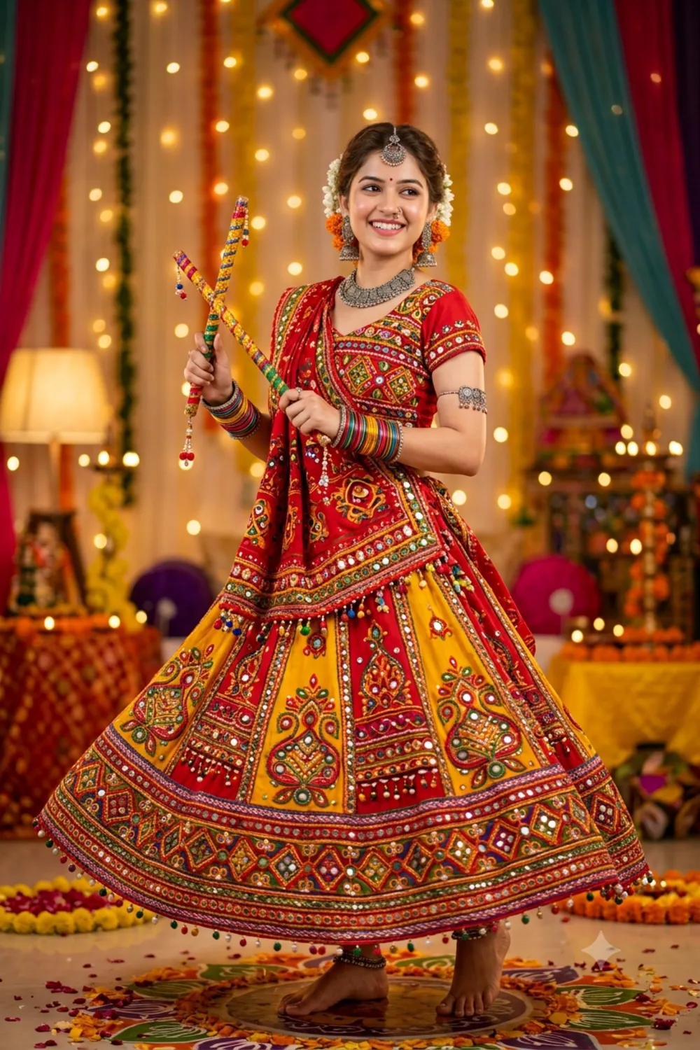 A vibrant full-length Navratri festive portrait of a young woman in a chaniya choli