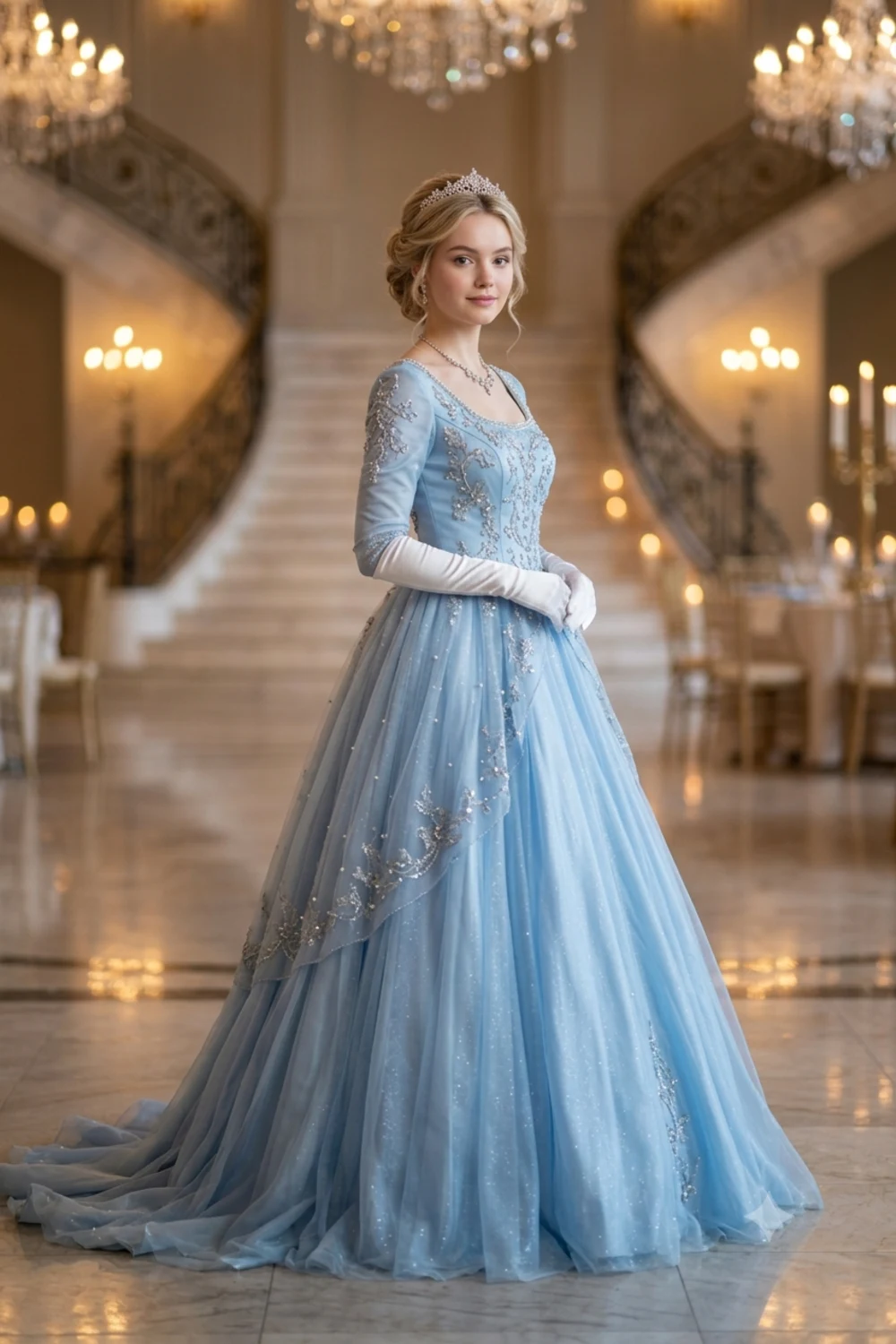 A fairytale full-length princess portrait of a girl in a ball gown in a castle ballroom