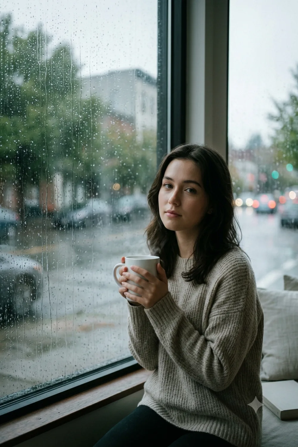 A moody rainy-window aesthetic portrait of a girl by a rain-streaked window