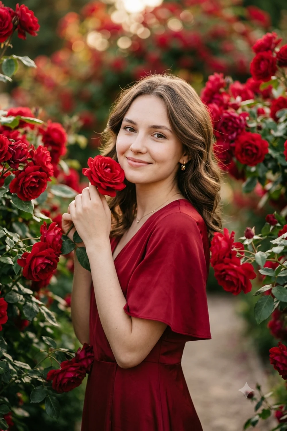 A romantic red-rose portrait of a girl softly surrounded by deep red roses