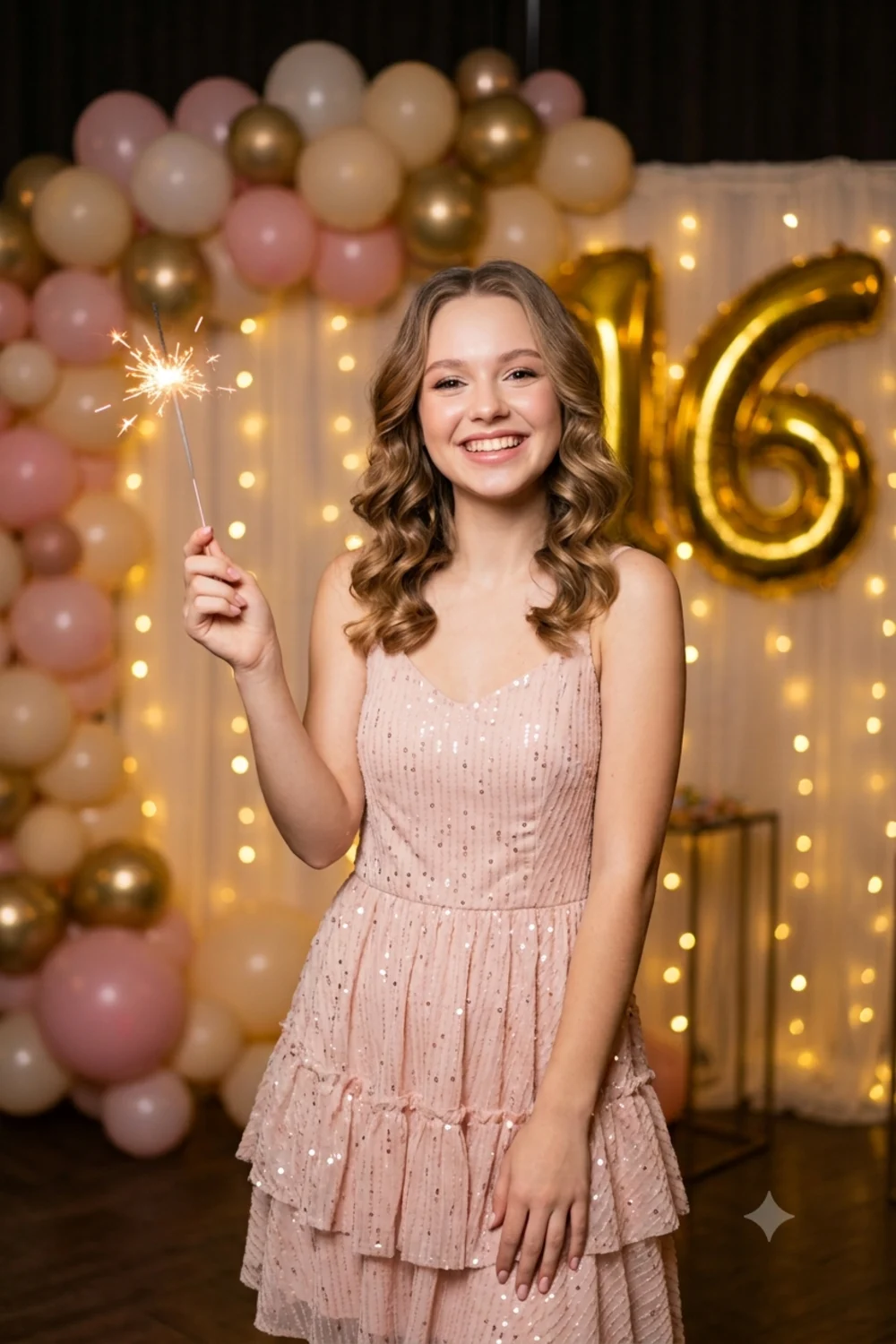 A celebratory sweet sixteen birthday glam portrait of a girl with balloons