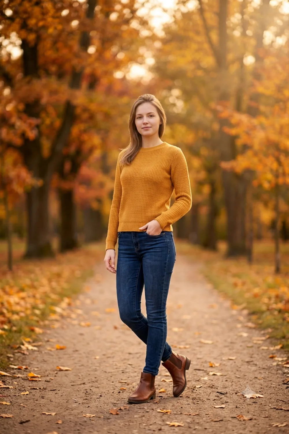 A full-length autumn portrait of a person in a stylish sweater outfit on a leaf-covered path
